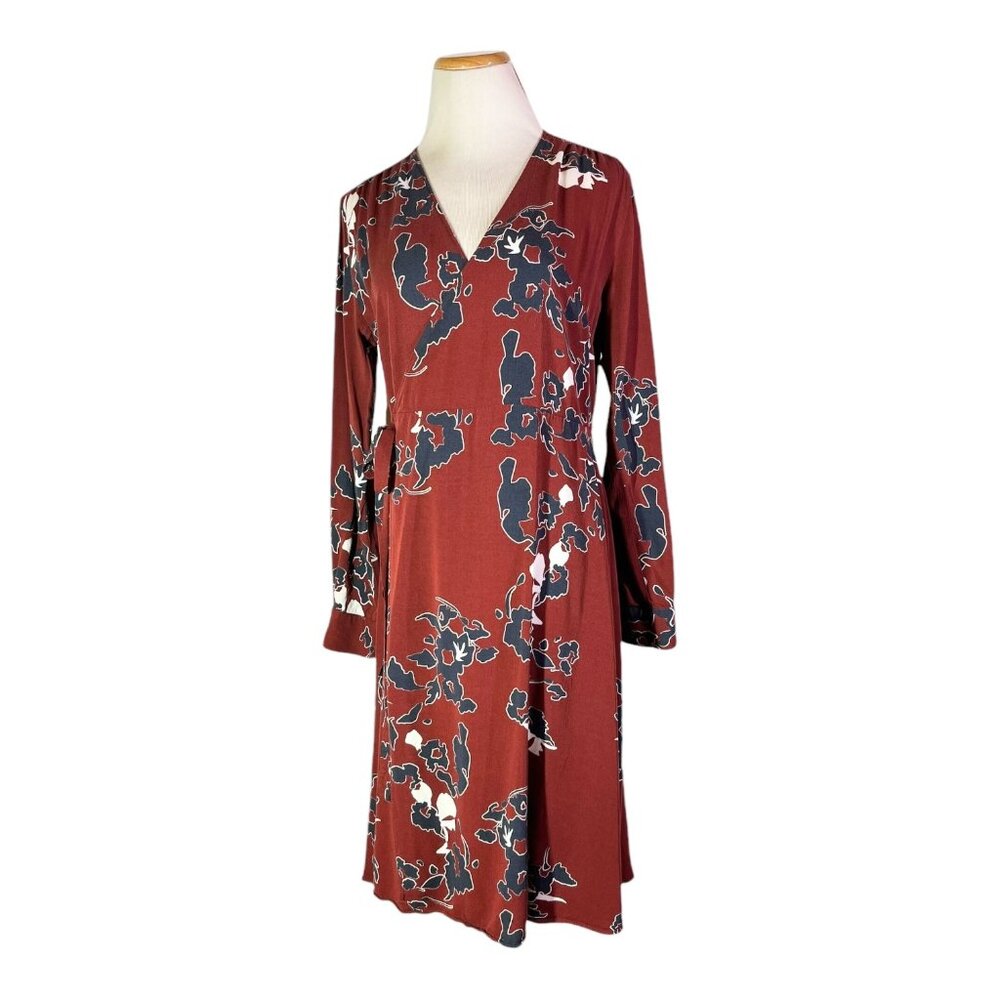 Just Female Size L True Wrap Dress Long Sleeve Sash Tie Brown